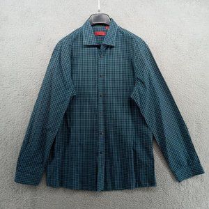 Hugo‎ Boss Shirt Mens 16.5 34/35 Teal Black Check Plaid Spread Collar Dress